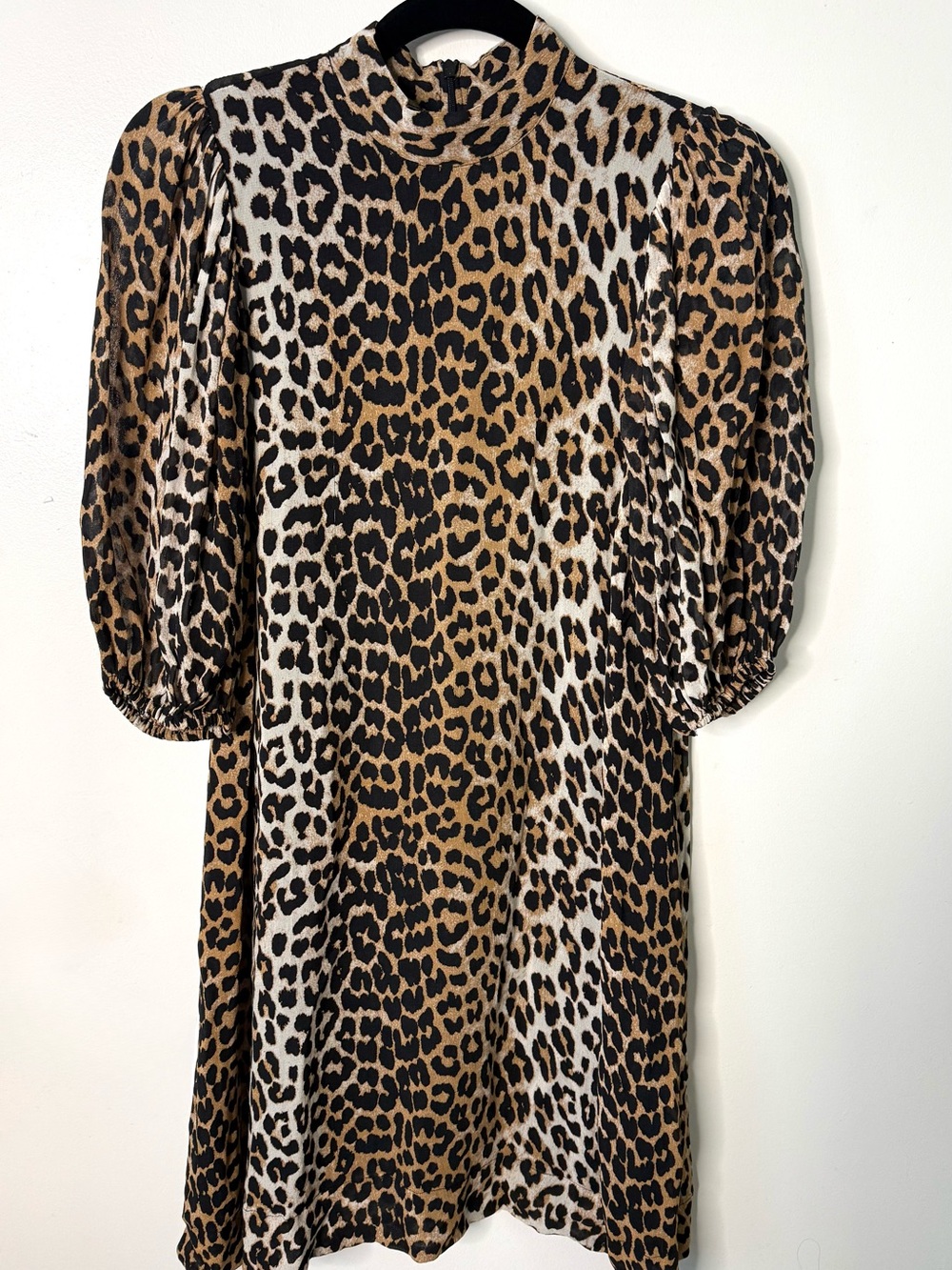 Ganni Leopard Print Mini Dress Puff Sleeve Mock Neck Animal Print EUC